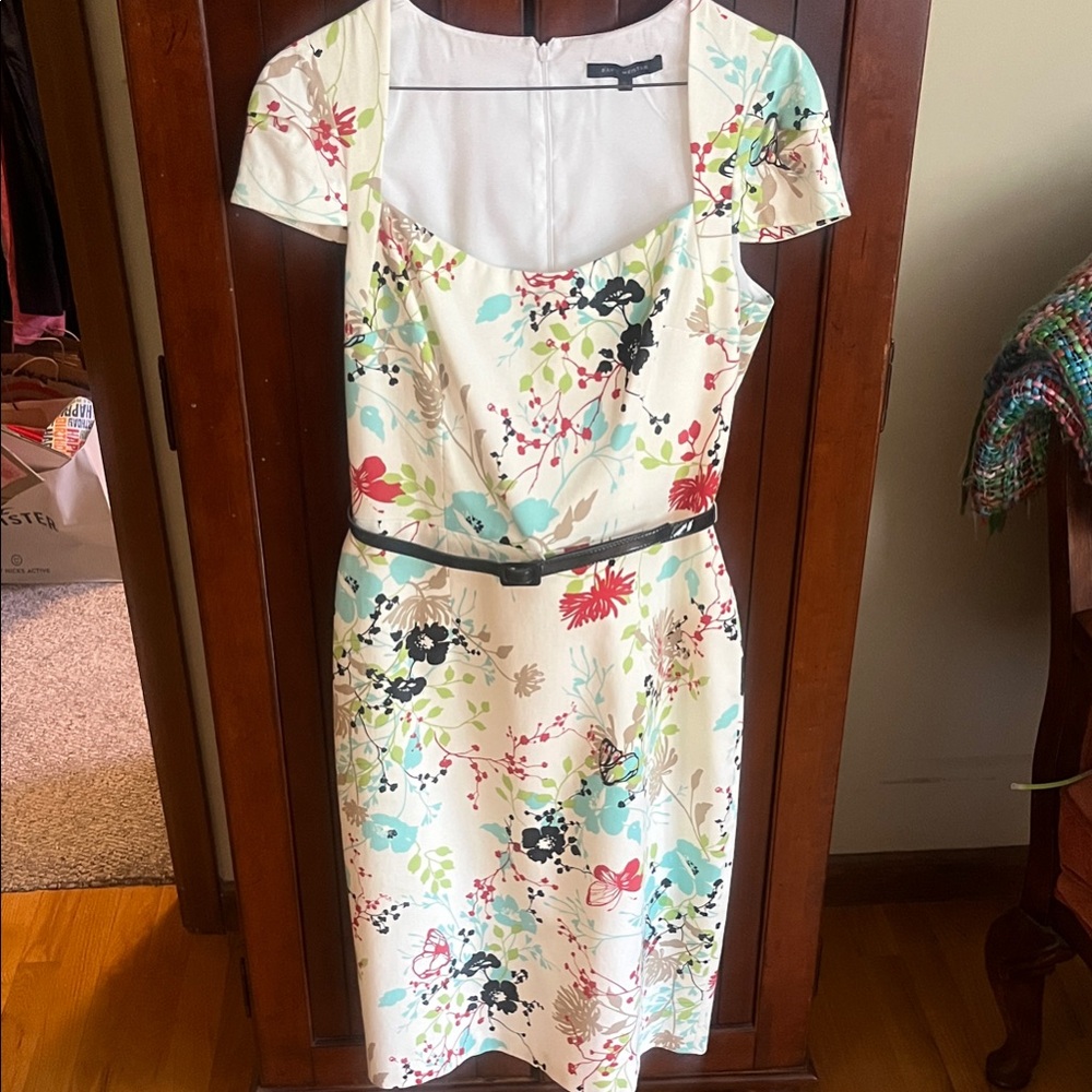 David Meister Cream Floral Midi Dress with Aqua, Red, Black and Green Accents